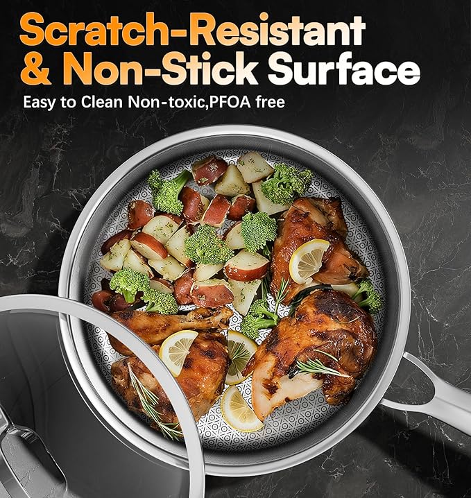 Sauce pan with Lid, KURRUNGIE 1.5 & 2.8 QT Hybrid Stainless Steel Cookware Set, PFOA Free 5-Ply Cooking Pots with Lids, Stainless Steel Pans for Cooking, Induction Cookware Oven and Dishwasher Safe