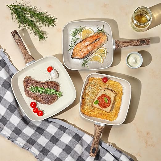 Grill Pan, Skillet Set 3 Piece, Frying Pan Non Stick with Stay Cool Handle & PFOA Free,Compatible with all Stovetops, Biege (9.5"10" 11")