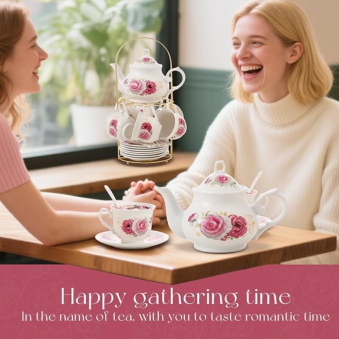 20-Pieces Porcelain Tea Sets For Women, Tea Set For Adult with Golden Metal Rack,Tea Gift Sets for Home&Party(014)
