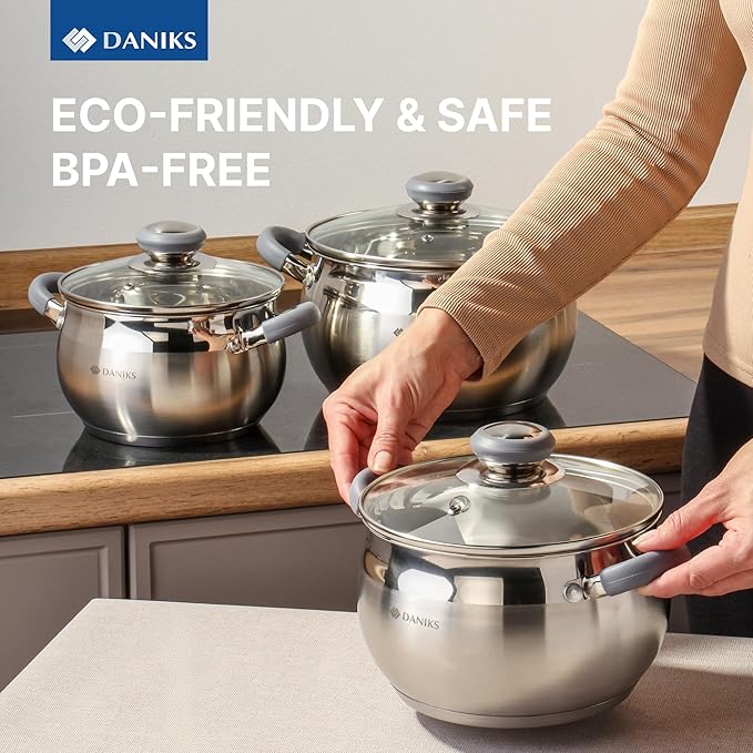 Daniks Modern 6-Piece Stainless Steel Cookware Set with Glass Lids, Tri-Ply Bases for Even Heating, Induction Compatible, Dishwasher Safe, Heatproof Handles