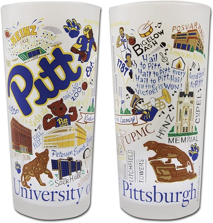 Catstudio Drinking Glass, University of Pittsburgh Glass Cup for Kitchen, 15oz Dishwasher Safe Tumbler for Pitt Alumni