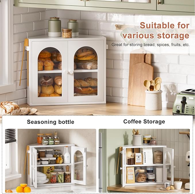 WOWLIVE Corner Bread Box for Kitchen Countertop, 2 Tier Bamboo Bread Storage Container for Homemade Bread with Clear Acrylic Door Panel, Large Bread Bin Farmhouse Breadbox Organizer (White, Medium)