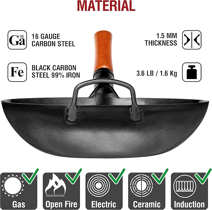YOSUKATA Carbon Steel Wok Pan – 13,5 “ Woks and Stir Fry Pans + Wok Lid 12.8 Inch - Premium Stainless Wok Cover with Tempered Glass Insert Steam Holes and Ergonomic Handle