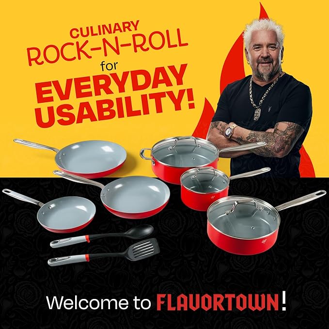 Guy Fieri's Flavortown 15-Piece Ceramic Cookware Set, Nonstick Pots and Pans for Cooking, Easy-Clean Kitchen Cookware, Made without PFAS PTFE PFOA, Induction Compatible, Oven & Dishwasher Safe, Red