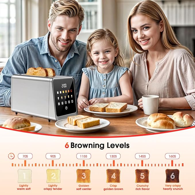 Touch Screen Toaster 2-Slice with 1.5" Wide Slots & Memory Recall | 900W Stainless Steel Smart Digital Toasters | 6 Shade Settings for Bagels & Thick Bread