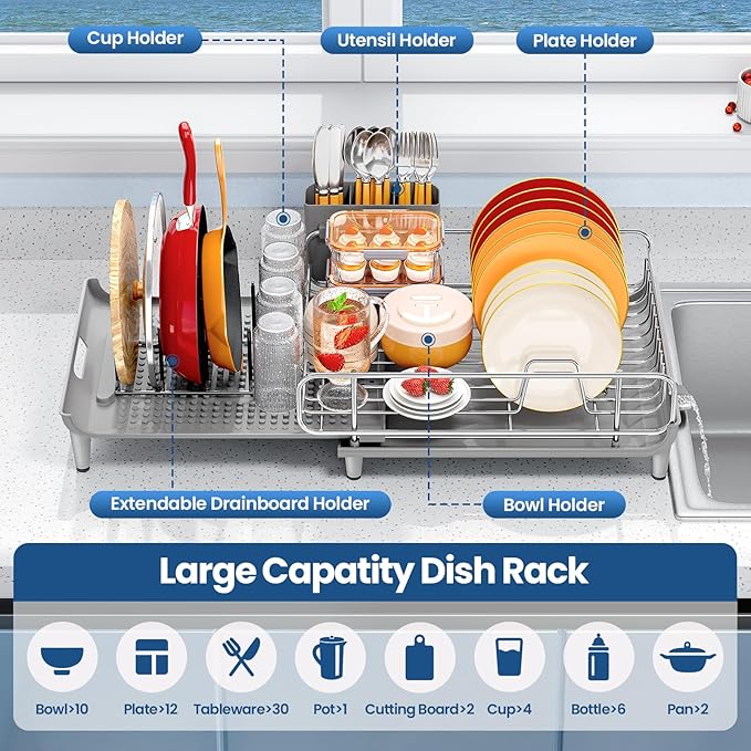 TOOLF Expandable Dish Rack, Dish Drying Rack for Kitchen Counter, Foldable Dish Dryer Rack, Stainless Steel Dish Drainer Racks with Cutlery Holder, Collapsible Dish Drying Racks Large Size,Gray