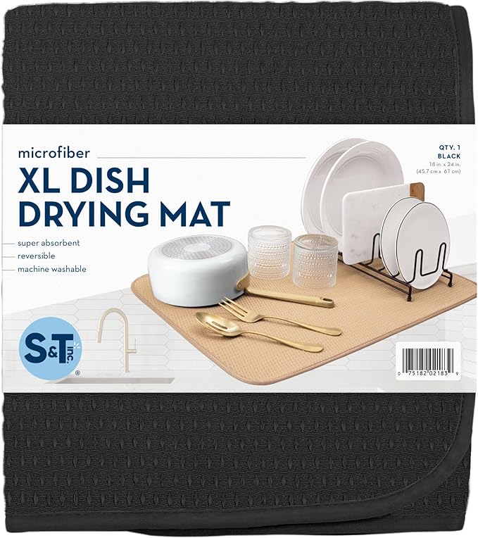 S&T INC. Dish Drying Mat XL, 18” x 24”, Absorbent Microfiber Kitchen Counter Mat, Drying Pad for Dishes, Utensils, Pots and Pans, Extra Large, Diamond Texture, Black