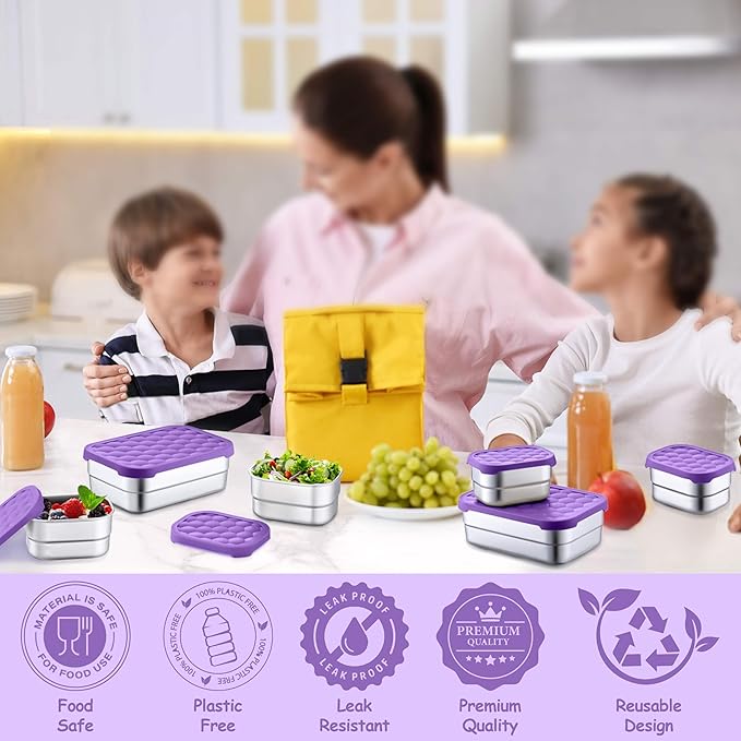 Homikit 3 Pack Kids Lunch Box Set, 18/10 Stainless Steel Bento Boxes with Silicone Lids Leak Proof, 5 Cups Reusable Metal Food Snack Containers for School Daycare, Nontoxic & Dishwasher Safe, Purple