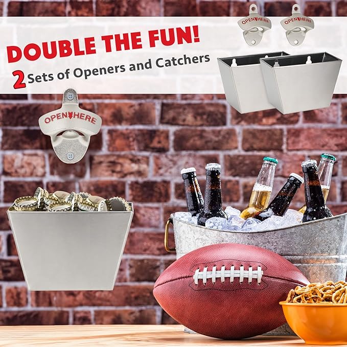 kilofly 2 SETS Beer Bottle Opener Cap Catcher Bucket Man Cave Gift Wall Mounted