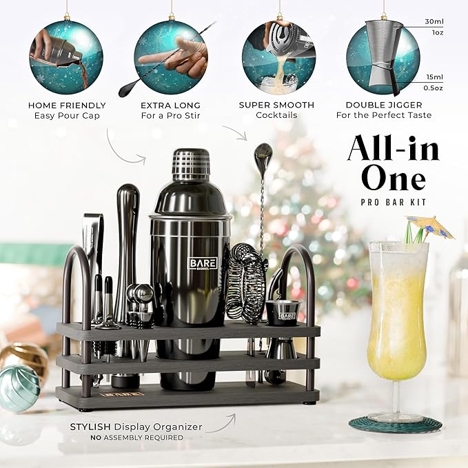 BARE BARREL® Mixology Bartender Kit Bar Set | 14-Piece Cocktail Shaker Set | Martini Barware Mixing Tools for Home Bartending | 35 Recipe Cards | Gift Set (24oz Cobbler Shaker, Jet Black/Black)