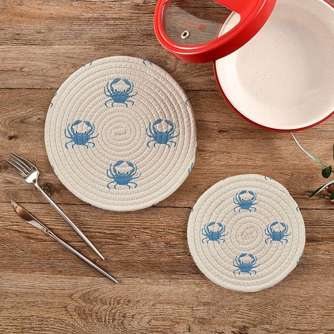 Kitchen Trivets Pot Holders Set of 2, Blue Sea Crab Trivets for Hot Pots Dishes Woven Trivet Coaster Pad Mat for Counter