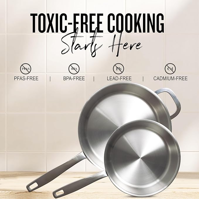 Alva Maestro 5-Ply Stainless Steel Frying Pan 11″ – Non-Toxic, Made without PFAS/PFOA/PTFE – Pro-Level Heat Control for No Hotspots, Induction & Oven Safe, Works on All Stovetops, Perfect Searing