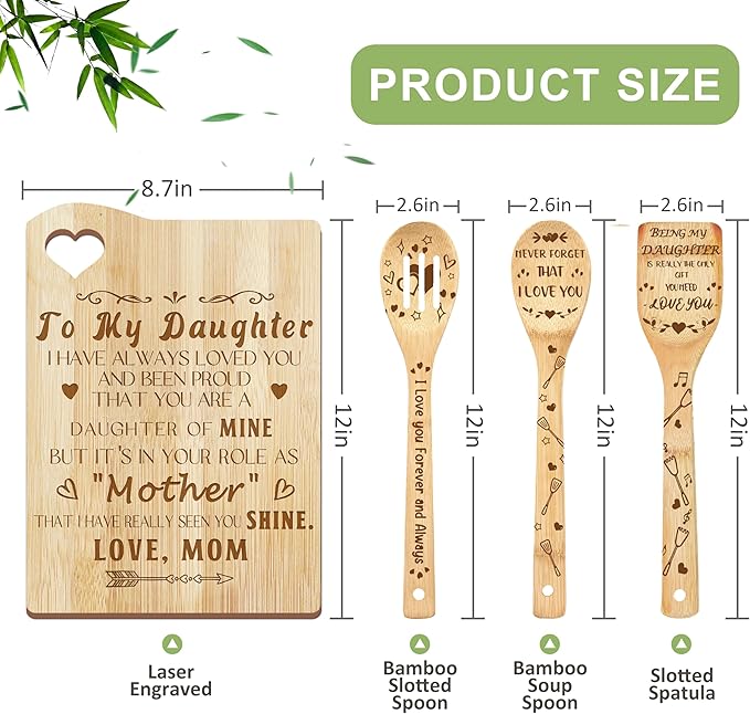 Daughter Gift from Mom, Christmas Kitchen Gifts for Daughter, Birthday Gift Wooden Cutting Board with Cooking Utensils Set with Apron Set, Great Mom Present for Her