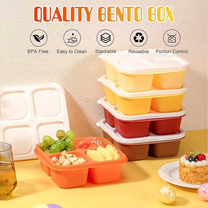 Honeydak 5 Pack Snack Containers 4 Compartment Bento Snack Boxes Reusable Lunchable Containers with Lids Divided Meal Prep Lunch Food Storage Box for School Work Travel(Thanksgiving,Equal)