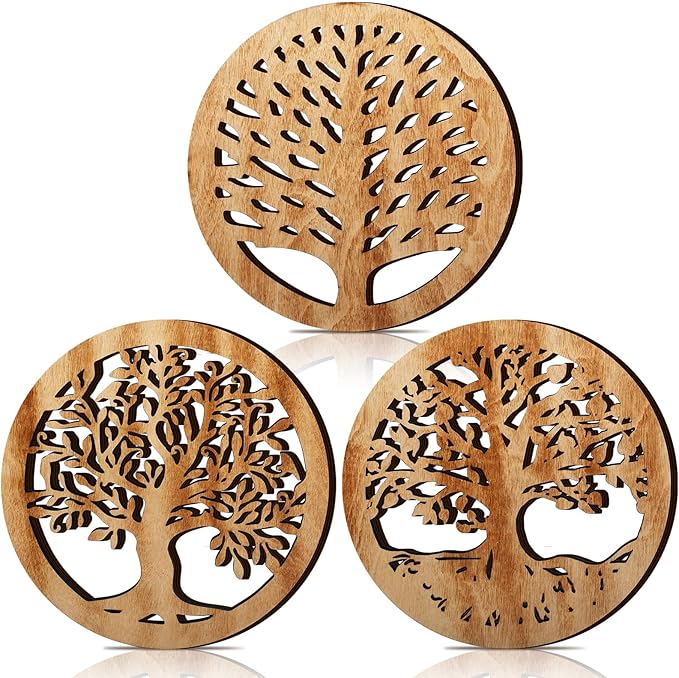 3 Pcs Life Tree Wooden Trivets for Hot Dishes 8 Rustic Round Tree Trivet Set Hot Plate Holders Heat Resistant Polite Trees Coasters for Table Dishes Pots and Pans(Light Wood Color)