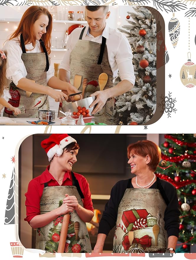 6 Pcs Christmas Aprons for Women Xmas Tree Aprons with Pockets Vintage Adjustable Baking Supplies for Adults