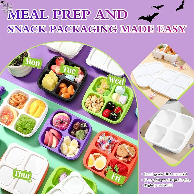 Honeydak 10 Pack Snack Container 4 Compartment Reusable Bento Snack Boxes Divided Lunchable Containers with Lids Meal Prep Lunch Food Storage Boxes for School Work Travel(Halloween Color)