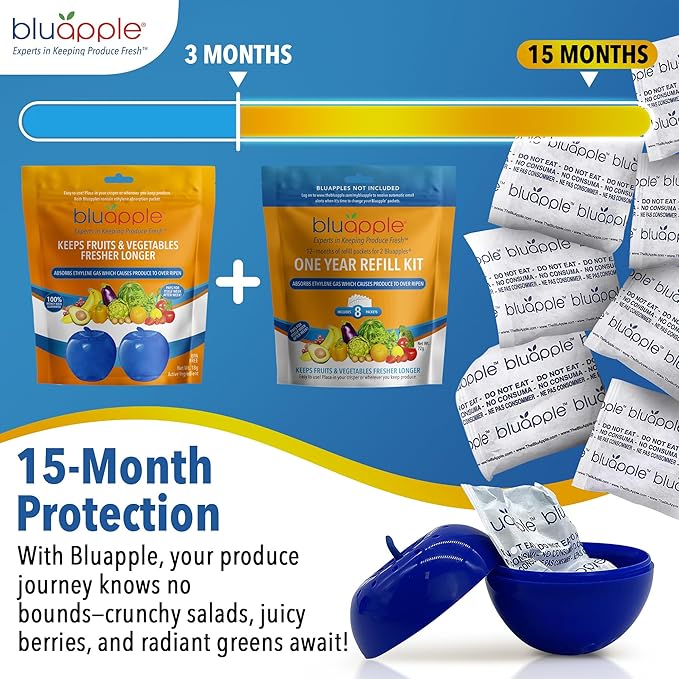 Bluapple Ethylene Gas Absorber Classic Produce Saver 15-Month Bundle - Vegetable & Fruit Fresh Produce Storage Protector, Food Freshness Extender, Fresh Fruit & Vegetable Saver, USA-Made BPA-Free