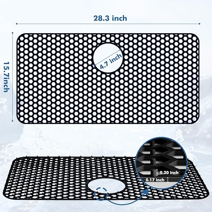 Silicone Sink Protectors for Kitchen Sink with Rear Drain - 28.3"x 15.7" Kitchen Protector Accessory, Non-Slip Heat Resistan Mat for Bottom of Farmhouse Stainless Steel (Rear Hole, Black)