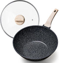 CAROTE Non Stick Wok with Lid 12''/5.3QT Woks & Stir-fry Pans Nonstick Granite Wok Pan Induction Cookware Deep Frying Pan, Compatible with All Stovetops
