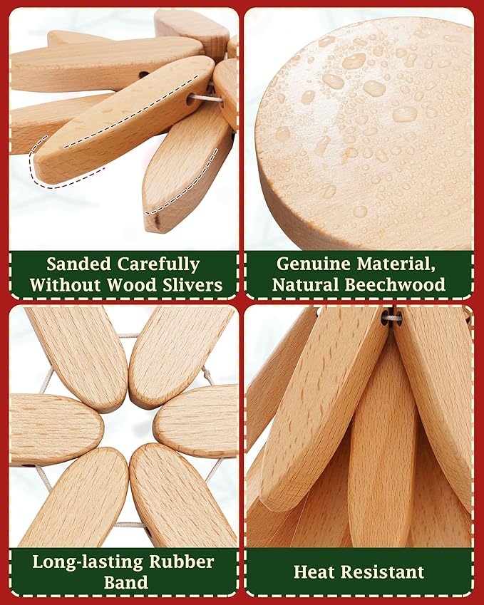 Wooden Trivets Tree for Hot Dishes, 2 Sets Natural Wood Coaster for Hot Pots and Pans, Christmas Tree-Shaped Stackling Trivets with Organizer, 8 Inch Decorative Wooden Hot Pads, 6PCS Light Wood