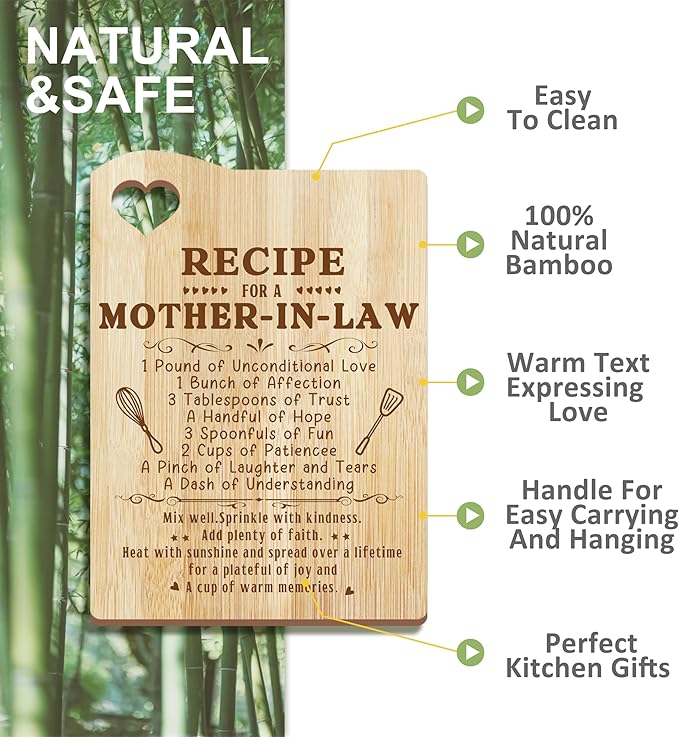 Mother in Law Gifts, Christmas Mother in Law Gifts from Daughter in Law, Step Mom/Bonus Mom Kitchen Present Wooden Cutting Board with Cooking Utensils Set with Apron Set