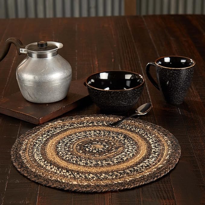VHC Brands Espresso Trivet Hot Pad for Pots Pans, Brown Black Tan, Jute Blend, Round Circle, 15 Inches