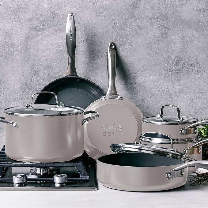 GreenPan Canterbury 10 Piece Cookware Pot and Pans Set, Hard Anodized PFAS-Free Healthy Ceramic Nonstick, Stainless Steel Handles, Versatile Cooking Essentials, Dishwasher & Oven Safe, Clay
