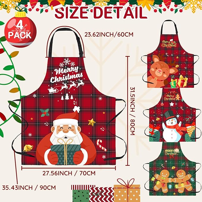 4 Pack Funny Christmas Kitchen Aprons for Women Men Adjustable Cooking Chef Aprons Waterproof Bib Aprons Cute Xmas Party Gift