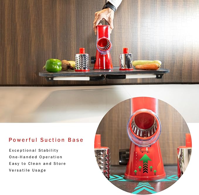 Rotary Cheese Grater with Handle - 3-in-1 Cheese Shredder - Easy to Clean Rotary Grater - Mandoline Vegetable Slicer Hand Crank - with Brush and Peeler - Red