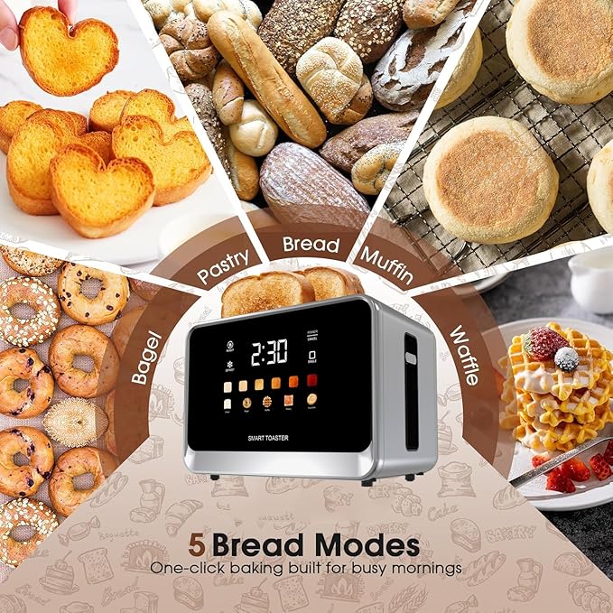 Toaster Touch Screen Toaster 2 Slice with LCD Display Stainless Steel Digital Timer Toasters 6 Bread Types& 6 Shade Settings Smart Extra Wide Slots Tostadora With Bagel Cancel,Defrost Functions