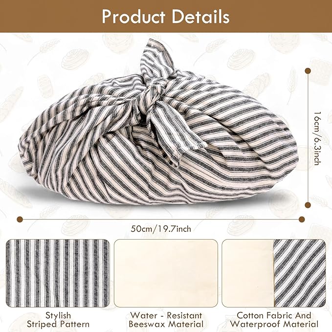 yeload 2 Pack Beeswax Bread Bags, Striped Linen Bento Bags, 14" Cotton Loaf Bag, Reusable Organic Food Storage, Sourdough Bag, Rustic Farmhouse Azuma Bukuro Origami Wrap for Baked Gifts (Beige, 2)
