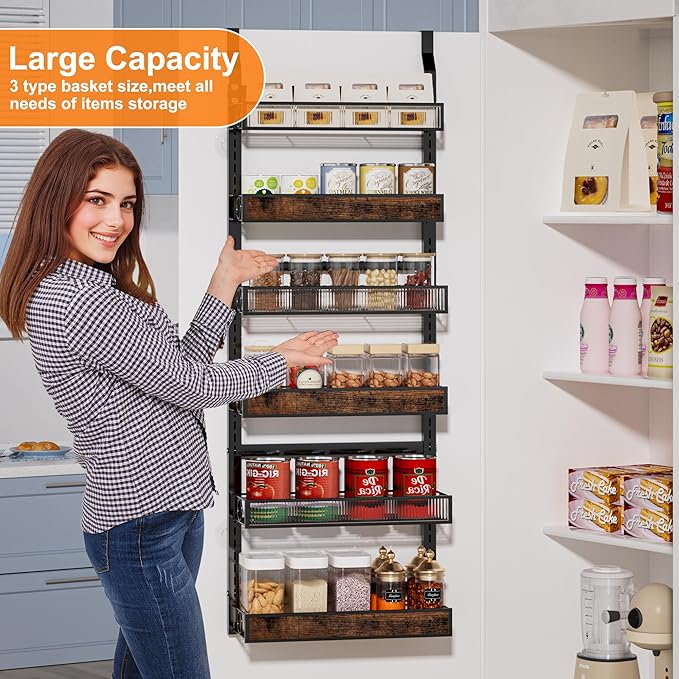 Over the Door Pantry Organizer,6 Tier Wall Mounted Hanging Spice Rack with Adjustable Basket,Heavy Duty Metal Back of Door Storage Shelf for Kitchen Pantry and Bathroom