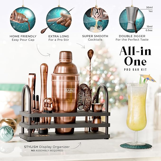 BARE BARREL® Mixology Bartender Kit Bar Set | 14-Piece Cocktail Shaker Set | Martini Barware Mixing Tools for Home Bartending | 35 Recipe Cards | Gift Set (24oz Cobbler Shaker, Copper/Black)