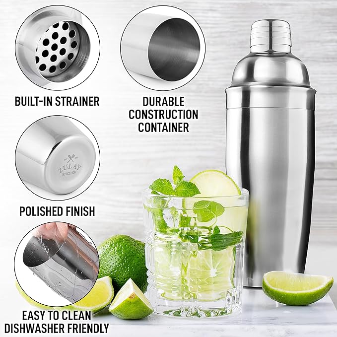 Zulay Cocktail Shaker (24oz) 18/8 Stainless Steel Martini Shaker With Built-In Strainer - Professional Grade Drink Shaker and Strainer For Bartending & Homebars (Silver)