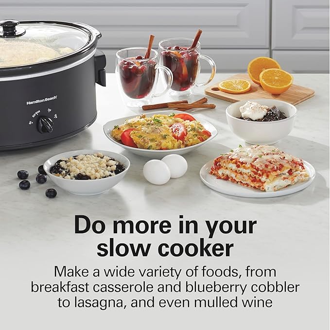 Hamilton Beach 7 Quart Slow Cooker with Space-Saving Folding Handles, 3 Heat Settings, Dishwasher Safe Stoneware Crock and Glass Lid, Black (33174)