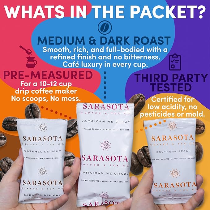 Coffee Variety Pack – Medium, Dark, Decaf & Flavored Ground, 1.75oz Bulk Packs for 12-Cup Drip Coffee Makers, Gourmet Low-Acid Assorted Gift Sampler, 100 Count