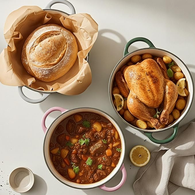 6 Quart Dutch Oven Pot with Lid, Non Stick Enameled Cast Iron Dutch Oven for Bread Baking, Heavy-Duty, Oven Safe Ceramic Cookware Up to 500°F for Baking, Braising, Stews, Roasting, Gray