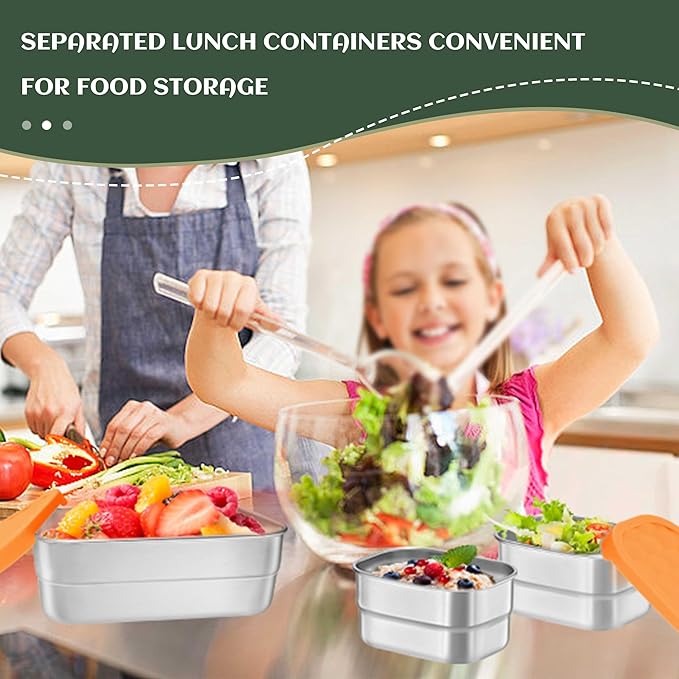 HaWare 8oz*2+25oz Stainless Steel Lunch Containers, Leak Proof Food Storage Snack Containers with Silicone Lids, Portable Sandwich Containers, Easy Open Bento Lunch Box for School Daycare