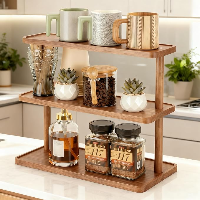 3-Tier Bamboo Mug Holder Countertop Coffee Station Organizer Spice Rack Shelf Mug Rack for Kitchen Cabinets
