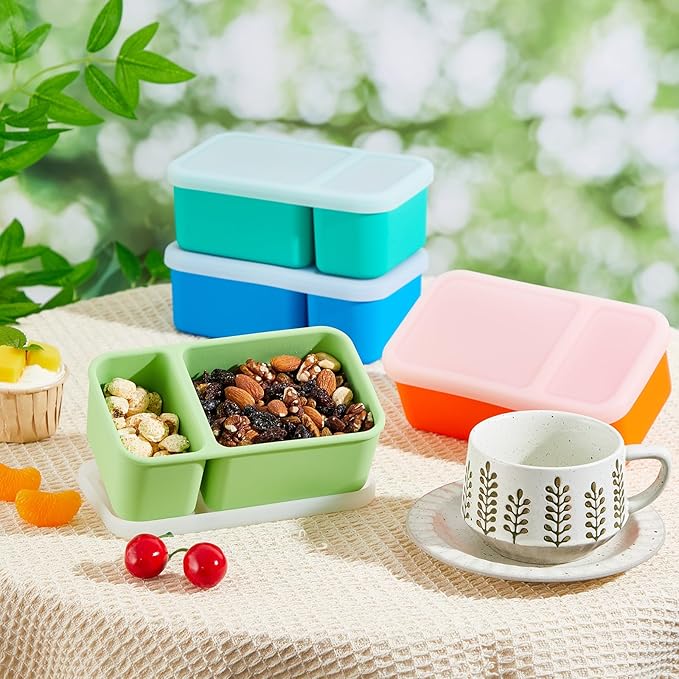 Roshtia 4 Pack Silicone Food Containers with Lids, Reusable Packs Bento Lunch Box for Meal Prep Food Storage, Microwave Dishwasher Safe(2 Compartment,Bright)