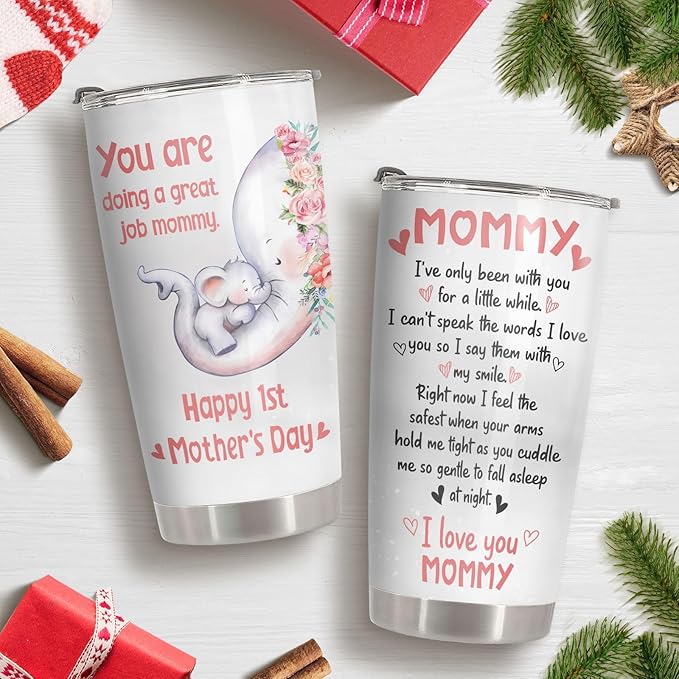 34HD Elephant Mom Tumbler 20oz, Stainless Steel Vacuum Insulated First Mothers Day Mug with Lid, Elephant Gifts for First Time, New, Expecting Mommy, Mother and Child Gifts