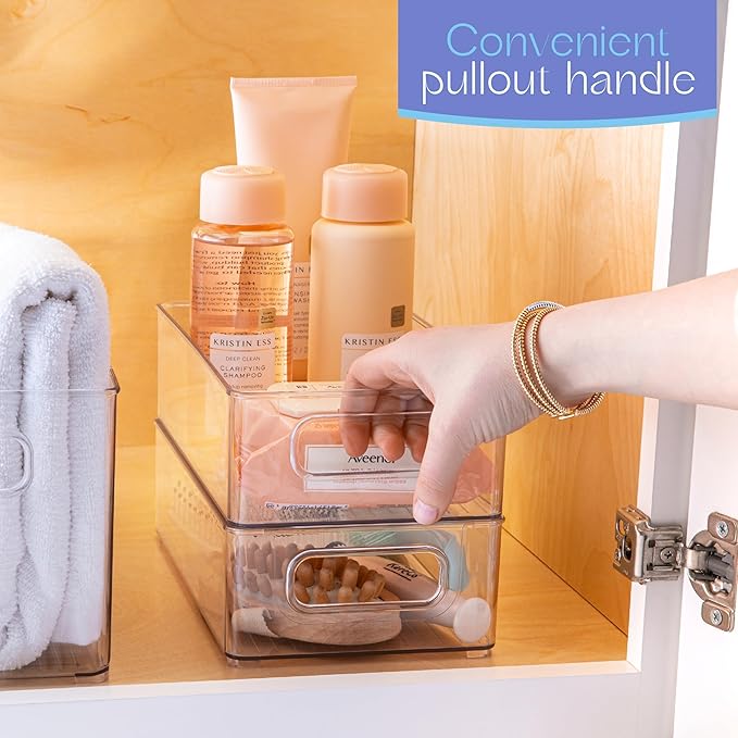 primebox Plastic Food Storage 2 Pack Clear Container Bin with Handles for Organizing Kitchen, Pantry, Refrigerator, Freezer, Pantry, Cabinet, Closet, Bathroom. Stackable 10”x6”x3”