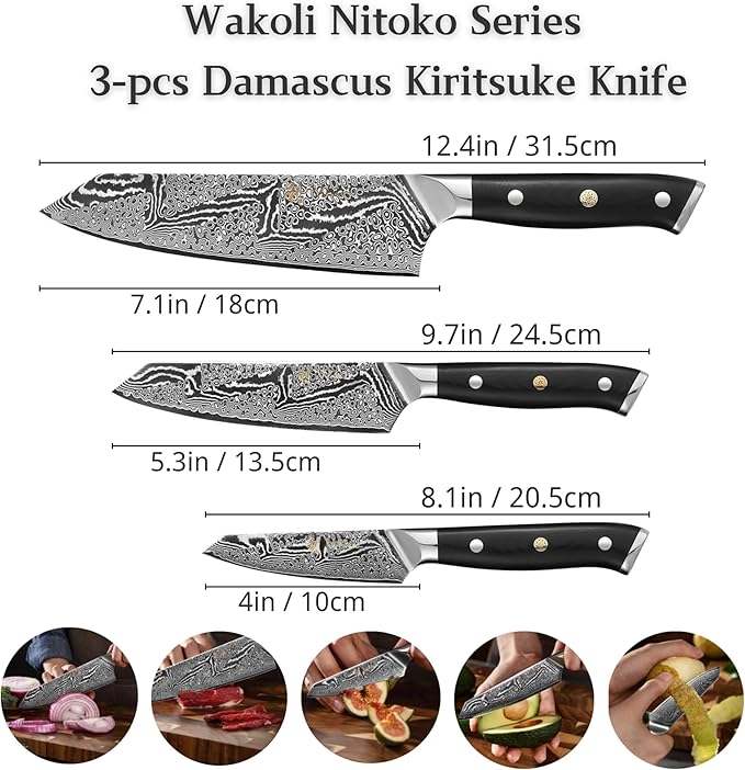 Wakoli Nitoko 3-Piece Kiritsuke Knife Set – Professional Damascus Kitchen Knives | 67-Layer VG10 Core Steel | Ergonomic G10 Handles | Japanese-Style Chef Knife Set in Wooden Gift Box