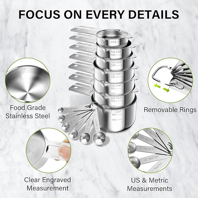 Vakoo 13-Piece Stainless Steel Measuring Cups and Spoons Set - Stackable & Nesting, U.S./Metric Dual Markings, Dishwasher Safe, Kitchen Gadgets for Baking & Cooking
