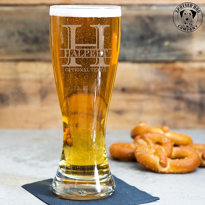 Personalized Etched 23oz Pilsner Beer Glass - Custom Engraved Christmas Gifts for Men, Dad Drinking Birthday Glasses, Gifts for Him, Halpert Monogram