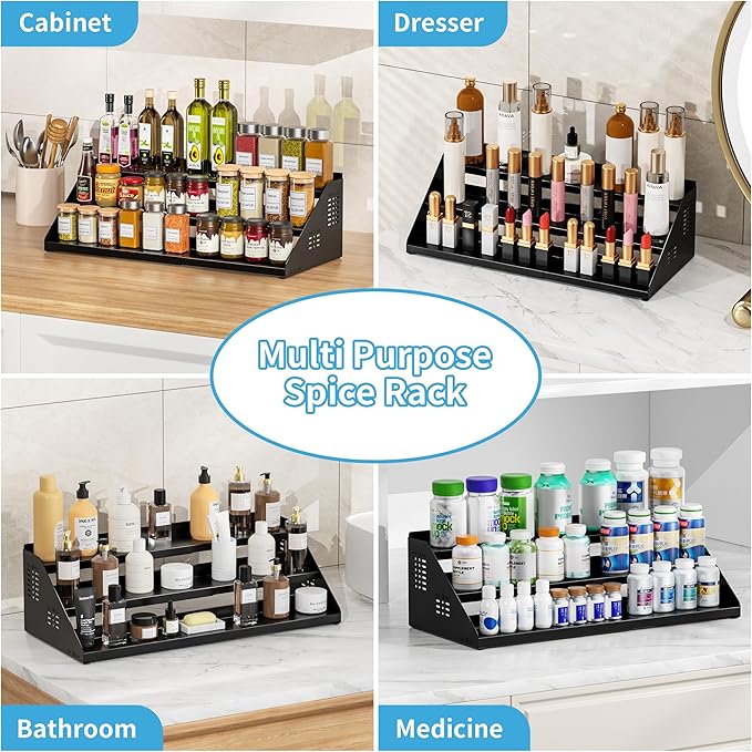 Spice Organizer, Spice Rack for Expandable 3-Tier, Spice Organization for Cabinet Expandable Width and Adjustable Height, Seasoning Organizer for Cabinet, Countertop, Pantry, Black