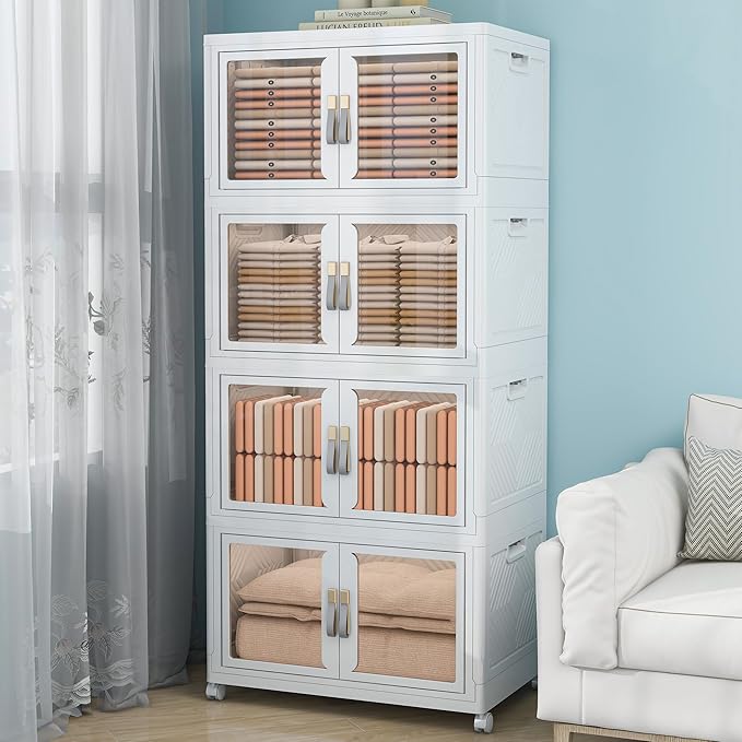 Large Stackable Storage Bins with Lids, 668QT-167QT*4Pack Foldable Cabinet for Closet Organizers, Plastic Storage Containers Box with Wheels