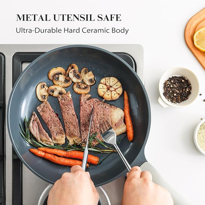 PRICUSIS Nonstick Pots and Pans Set, 9 Pieces Non Toxic Ceramic Nonstick Cookware, Healthy Omelete/Egg Skillet, Healthy Frying Pan, PTFE PFOA & PFAS Free, Induction Compatible, Gray
