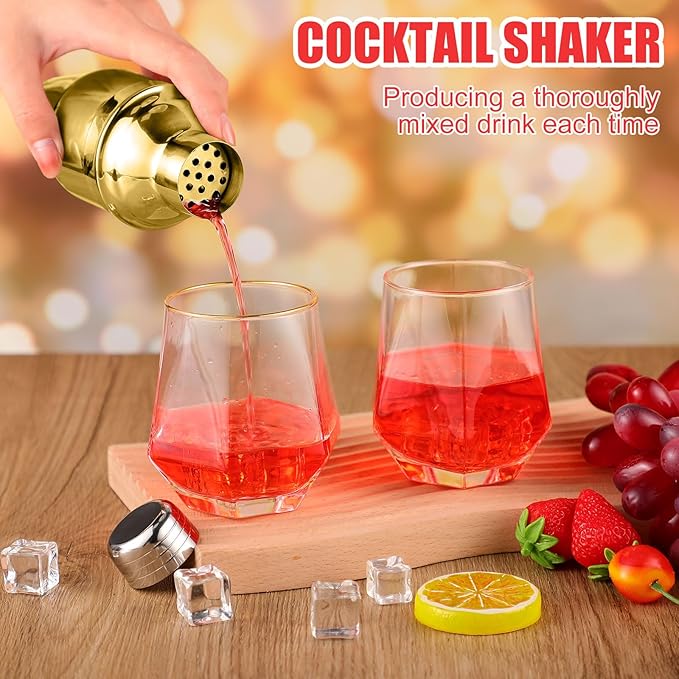 Nitial 6 Pcs Bar Cocktail Shaker Professional Stainless Steel Martini Drink Mixer Built-in Strainer for Bartending No Leaks Shaker for Bar Party Drink Mixer (Gold,8 oz)